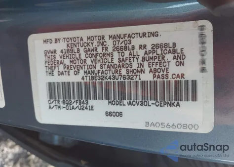 2003 Toyota Camry Le from USA, damaged, VIN 4T1BE32K43U763271